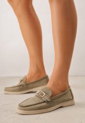Zielone Mokasyny Ozdobione Metaliczną Klamrą Murielori. Zielone mokasyny damskie Renee, z jeansu, bez obcasa. Za 109.99 zł.