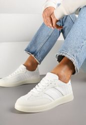 Białe Sneakersy Tenisówki z Geometrycznym Wzorem Eleamila. Białe obuwie sportowe damskie Born2be, z jeansu, bez zapięcia, tenisowe. Za 89.99 zł.
