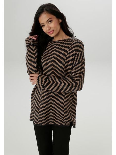 Aniston Sweter w kolorze jasnobrązowo-czarnym rozmiar: 44. Brązowe swetry klasyczne damskie Aniston, bez kołnierzyka. Za 87.45 zł.