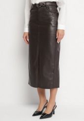 Ciemnobrązowa Długa Spódnica High Waist z Imitacji Skóry z Dodatkowym Paskiem i Rozcięciem Wyneti. Brązowe spódnice damskie Born2be, na co dzień, s, bez wzorów, ze skóry, eleganckie, maxi. Za 129.99 zł.
