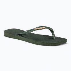 Japonki damskie Havaianas Square Logo Metallic. Zielone klapki damskie Havaianas, bez wzorów, bez obcasa, bez zapięcia. Za 79.99 zł.