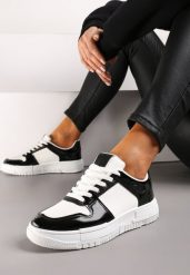 Biało-Czarne Sneakersy na Niskiej Platformie z Brokatem Nuera. Białe obuwie sportowe damskie Renee, bez zapięcia. Za 49.99 zł.