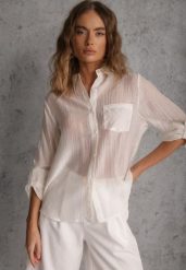 Biała Prześwitująca Koszula z Cyrkoniami Arialle. Białe koszule damskie Renee, l, bez wzorów, z jeansu, z asymetrycznym kołnierzem, bez ramiączek. Za 89.99 zł.