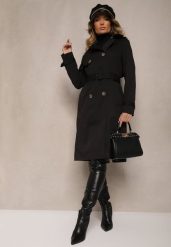 Czarny Dwurzędowy Płaszcz Trencz z Paskiem i Elegancką Klapą Fireti. Czarne płaszcze damskie Renee, l, bez wzorów, z jeansu, bez kaptura. Za 179.99 zł.