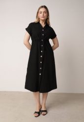 Czarna Sukienka Koszulowa z Bawełną Wiskozą i Ozdobnymi Guzikami Parranes. Czarne sukienki damskie Born2be, bez wzorów, z bawełny, eleganckie, bez ramiączek. Za 159.99 zł.