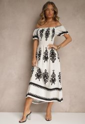 Biała Sukienka Hiszpanka Ozdobiona Etnicznym Printem Aralette. Białe sukienki damskie Renee, bez wzorów, eleganckie, bez ramiączek. W wyprzedaży za 67.99 zł.