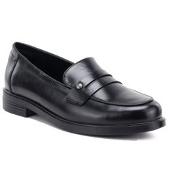 Półbuty damskie loafersy lordsy czarne Potocki SZ12832. Czarne półbuty damskie POTOCKI, bez wzorów, ze skóry ekologicznej, bez obcasa, bez zapięcia. Za 129.99 zł.