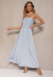 Jasnoniebieska Rozkloszowana Sukienka Bandeau Mavoreine. Niebieskie sukienki damskie Renee, bez wzorów, eleganckie, bez ramiączek. W wyprzedaży za 83.99 zł.