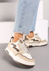Beżowo-Brązowe Sneakersy z Przeszyciami w Panterkę i Grubą Podeszwą Berinela. Brązowe obuwie sportowe damskie Renee, z materiału, bez zapięcia. Za 89.99 zł.