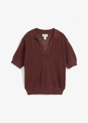 T-shirt ażurowy polo z domieszką lnu. Brązowe t-shirty damskie bonprix, w ażurowe wzory, bez kołnierzyka. Za 59.99 zł.