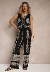 Czarne Szerokie Spodnie z Lnem i Bawełną High Waist z Haftem i Metaliczną Nicią Serilia. Czarne spodnie materiałowe damskie Renee, bez wzorów, z bawełny. Za 64.99 zł.