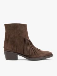Brązowe botki z frędzlami. Brązowe botki damskie Ryłko, ze skóry, boho, za kostkę, bez obcasa, na obcasie, bez zapięcia. Za 479.99 zł.