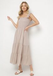 Beżowa Rozkloszowana Bawełniana Sukienka na Ramiączkach z Gumkami i Falbanką Mevesta. Brązowe sukienki damskie Born2be, bez wzorów, z bawełny, eleganckie, bez ramiączek. W wyprzedaży za 42.49 zł.