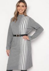 Jasnoszara Sukienka Midi z Półgolfem o Prostym Fasonie z Paskami Pregora. Szare sukienki damskie Born2be, bez wzorów, bez ramiączek. W wyprzedaży za 118.99 zł.
