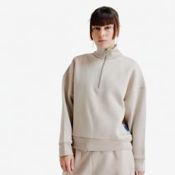 Bluza oversize ze stójką na suwak damska Elementals. Brązowe bluzy damskie Decathlon, m, bez wzorów, z bawełny, bez kaptura. Za 179.99 zł.