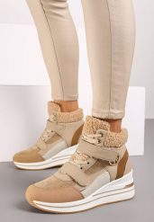 Ciemnobeżowe Sznurowane Sneakersy na Koturnie ze Sztucznym Futrem i Metalicznymi Aplikacjami Leridras. Brązowe obuwie sportowe damskie Born2be, z materiału, bez zapięcia. Za 129.99 zł.