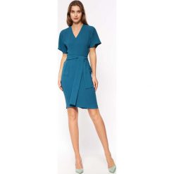 Elegancka Sukienka Wiązana w Pasie - Lazurowa. Niebieskie sukienki damskie Nife, bez wzorów, z elastanu, eleganckie, bez ramiączek. Za 237.90 zł.