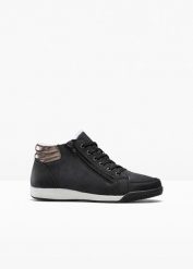 Ocieplane sneakersy za kostkę z zamkiem błyskawicznym. Czarne obuwie sportowe casual damskie bonprix, z materiału, bez zapięcia. Za 124.99 zł.
