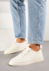 Beżowe Skórzane Sneakersy Ozdobione Aplikacją i Perforacją Taneorisa. Brązowe obuwie sportowe damskie Born2be, z jeansu, bez zapięcia. Za 129.99 zł.