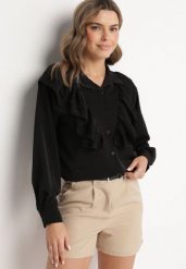 Czarna Koszula z Ozdobną Falbaną Cornelea. Czarne koszule damskie Born2be, bez wzorów, z jeansu, eleganckie, bez kołnierzyka, bez ramiączek. Za 79.99 zł.