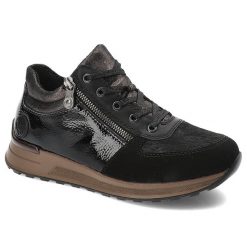 Czarne Sneakersy Rieker Stylowe Ocieplane Obuwie Damskie. Czarne obuwie sportowe damskie Rieker, na wiosnę, z lakierowanej skóry, bez zapięcia. Za 379.00 zł.