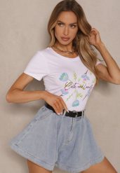 Biało-Niebieski T-shirt z Bawełny z Nadrukiem Zarive. Białe t-shirty damskie Renee, l, bez wzorów, z bawełny, bez kołnierzyka. Za 29.99 zł.