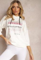 Biała Bluza z Kapturem Rękawy 7/8 Ozdobiona Napisami i Cyrkoniami Brigia. Białe bluzy damskie Renee, xs, bez wzorów, z jeansu, z kapturem. Za 39.99 zł.
