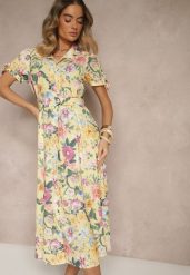 Żółta Koszulowa Sukienka w Kwiaty o Rozkloszowanym Fasonie z Paskiem Fevalirra. Żółte sukienki damskie Renee, bez wzorów, eleganckie, bez ramiączek. W wyprzedaży za 107.99 zł.