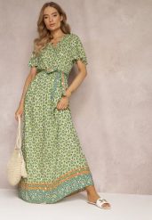 Zielona Sukienka Maxi z Paskiem i Gumką w Talii w Ornamentalny Wzór Calvim. Zielone sukienki damskie Renee, bez wzorów, bez ramiączek. W wyprzedaży za 56.99 zł.