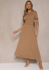 Ciemnobeżowa Sukienka o Rozkloszowanym Kroju z Ozdobnym Paskiem Desiliena. Brązowe sukienki damskie Renee, bez wzorów, z denimu, eleganckie, bez ramiączek. W wyprzedaży za 99.99 zł.