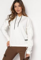 Biała Bawełniana Bluza z Kapturem i Troczkami Vitami. Białe bluzy damskie Born2be, bez wzorów, z bawełny, z kapturem. Za 99.99 zł.