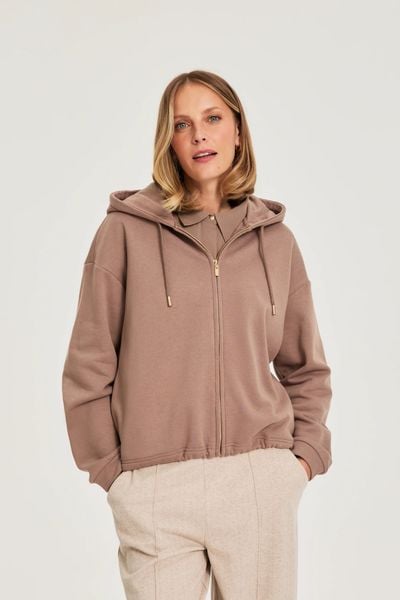 Bluza z kapturem beżowa. Brązowe bluzy damskie MOODO, l, bez wzorów, z bawełny, z kapturem. Za 139.99 zł.