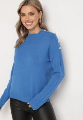 Niebieski Sweter Półgolf z Modalem Wiskozą i Guzikami Emmiala. Niebieskie swetry klasyczne damskie Born2be, l, z jeansu, bez kołnierzyka. Za 74.99 zł.