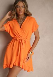 Pomarańczowa Sukienka o Rozkloszowanym Kroju z Paskiem i Falbanami Addea. Brązowe sukienki damskie Renee, bez wzorów, eleganckie, bez ramiączek. W wyprzedaży za 63.99 zł.