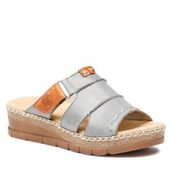 Klapki Rieker. Niebieskie klapki damskie Rieker, bez wzorów, bez obcasa, bez zapięcia. Za 129.99 zł.