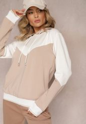 Beżowa Bawełniana Bluza z Geometrycznym Kolorowym Przeszyciem i Kapturem Vifia. Brązowe bluzy damskie Renee, bez wzorów, z bawełny, z kapturem. Za 79.99 zł.