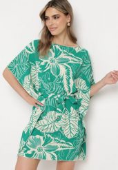 Zielona Sukienka z Krótkim Rękawem w Kwiaty Wiązana w Pasie Ebilata. Zielone sukienki damskie Born2be, bez wzorów, z materiału, bez ramiączek. Za 69.99 zł.