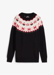 Sweter z bożonarodzeniowym motywem. Czerwone swetry klasyczne damskie bonprix, bez kołnierzyka. Za 109.99 zł.