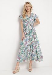 Biało-Niebieska Bawełniana Sukienka Boho z Gumką w Talii i Wzorem Paisley Sirrelia. Białe sukienki damskie Born2be, bez wzorów, z bawełny, boho, bez ramiączek. Za 69.99 zł.