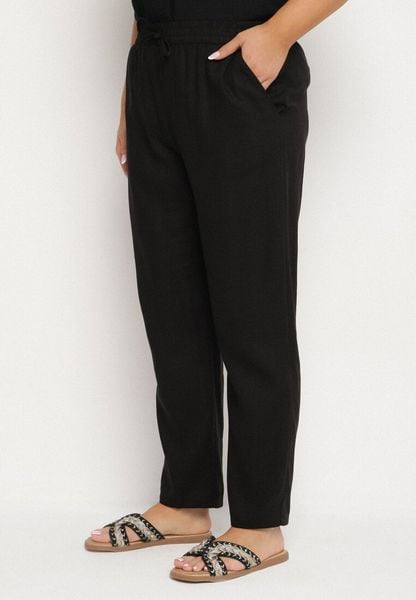 Czarne Spodnie z Lnem i Elastyczną Gumką w Pasie Nativena. Czarne spodnie materiałowe damskie Born2be, bez wzorów, z jeansu. Za 69.99 zł.