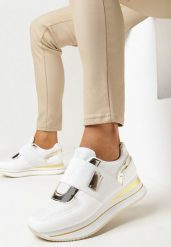 Białe Sneakersy na Platformie z Szeroką Gumką Lemmitty. Białe obuwie sportowe damskie Born2be, bez zapięcia. Za 119.99 zł.
