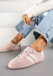 Różowe Płaskie Sneakersy ze Skóry Naturalnej z Ozdobnymi Paskami Nelarielis. Czerwone obuwie sportowe damskie Renee, z bawełny, bez zapięcia, tenisowe. Za 159.99 zł.