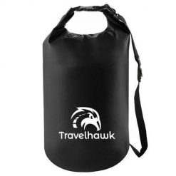 Drybag – wodoodporna torba na zewnątrz i w podróży – 20 litrów. Czarne torby na laptopa TRAVELHAWK, bez wzorów, z materiału. Za 15.95 zł.