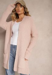 Jasnoróżowy Długi Kardigan Bez Zapięć z Obniżoną Linią Ramion i Kieszeniami Viatha. Czerwone kardigany damskie Renee, m, bez wzorów, z jeansu. Za 129.99 zł.