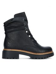 Rieker Botki 72621-00 Czarny. Czarne botki damskie Rieker, z materiału, bez obcasa, na płaskiej podeszwie, bez zapięcia. Za 295.99 zł.