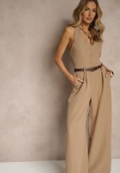 Ciemnobeżowy Taliowany Kombinezon z Guzikami Nilaviella. Brązowe sukienki damskie Renee, bez wzorów, eleganckie, bez ramiączek. W wyprzedaży za 135.99 zł.