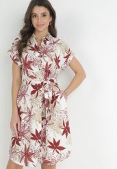Bordowa Koszulowa Sukienka Mini z Materiałowym Paskiem z Wzorzystej Bawełny Besana. Czerwone sukienki damskie Born2be, bez wzorów, z bawełny, bez ramiączek. Za 139.99 zł.