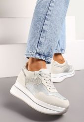 Beżowe Sneakersy na Platformie z Cyrkoniami na Boku Oarema. Brązowe obuwie sportowe damskie Renee, na lato, bez zapięcia. Za 149.99 zł.