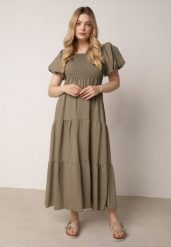 Ciemnozielona Wiskozowa Sukienka z Bufiastymi Rękawami i Marszczoną Górą Liones. Zielone sukienki damskie Born2be, bez wzorów, z jeansu, wakacyjne, bez ramiączek. Za 89.99 zł.