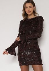 Brązowa Cekinowa Sukienka z Kwiatami 3D Naweda. Brązowe sukienki damskie Born2be, bez wzorów, z jeansu, biznesowe, bez ramiączek. Za 219.99 zł.